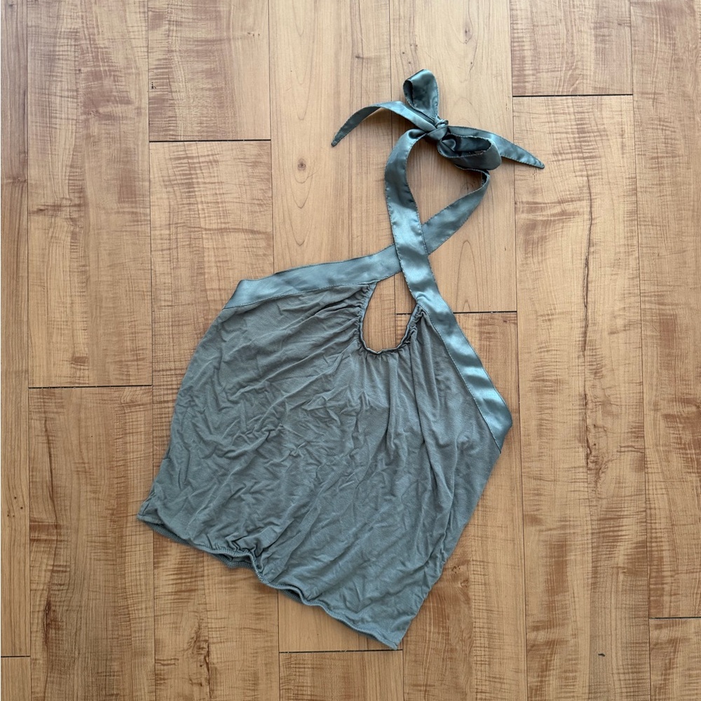 Olive Halter Tank Top with Satin Tie